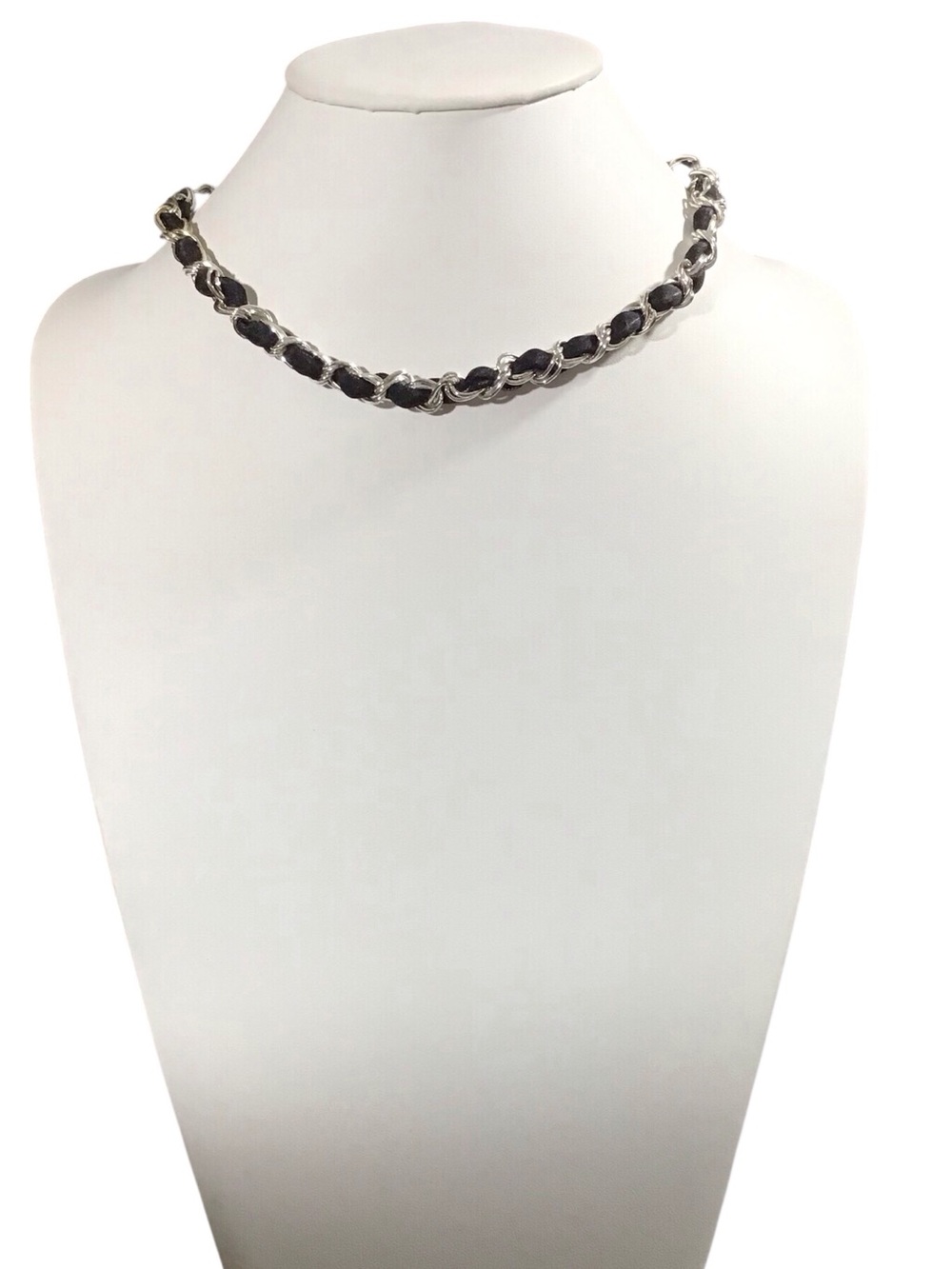 Laila Rowe Black Ribbon Chain Choker Necklace Fabric Silver Tone Fashion Jewelry